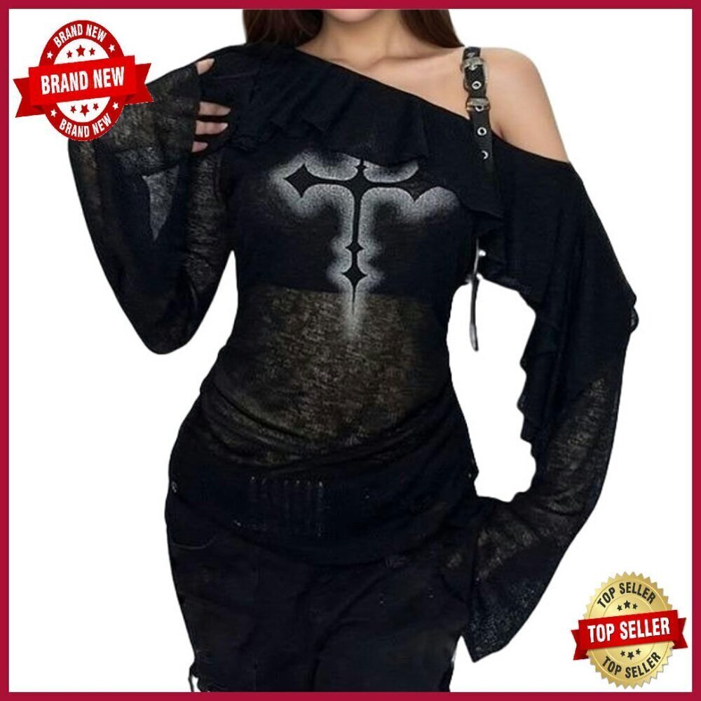Off Shoulder Ruffle Long Sleeve T-Shirt Goth Punk Y2K Style
